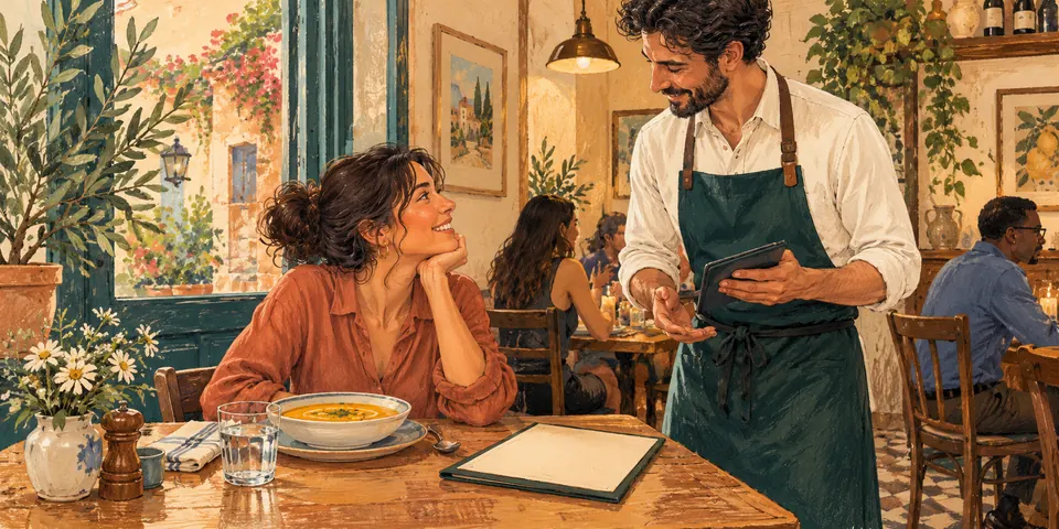 A warm, painted café scene